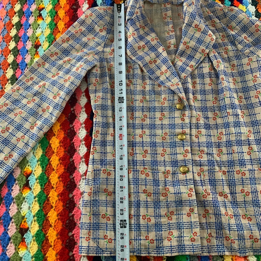 Vintage 1970s Daisy Floral Plaid 3 Button Statement Blazer Oversized Han… - Picture 13 of 15